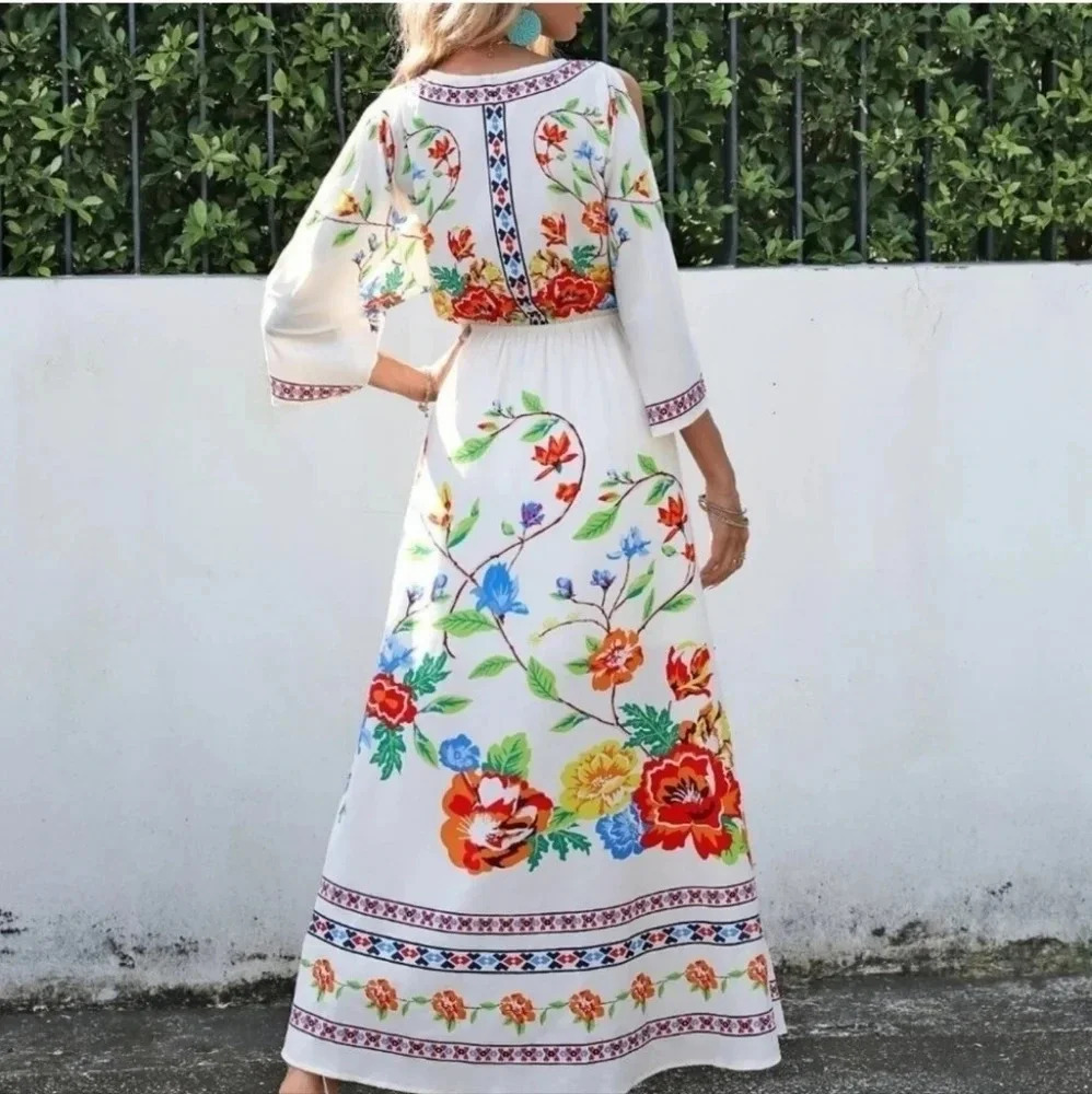 White Floral Print Cold Shoulder Maxi Dress - Picture 2 of 5